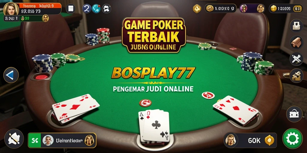 Screenshot utama BOSPLAY77 menampilkan gameplay Poker yang seru.