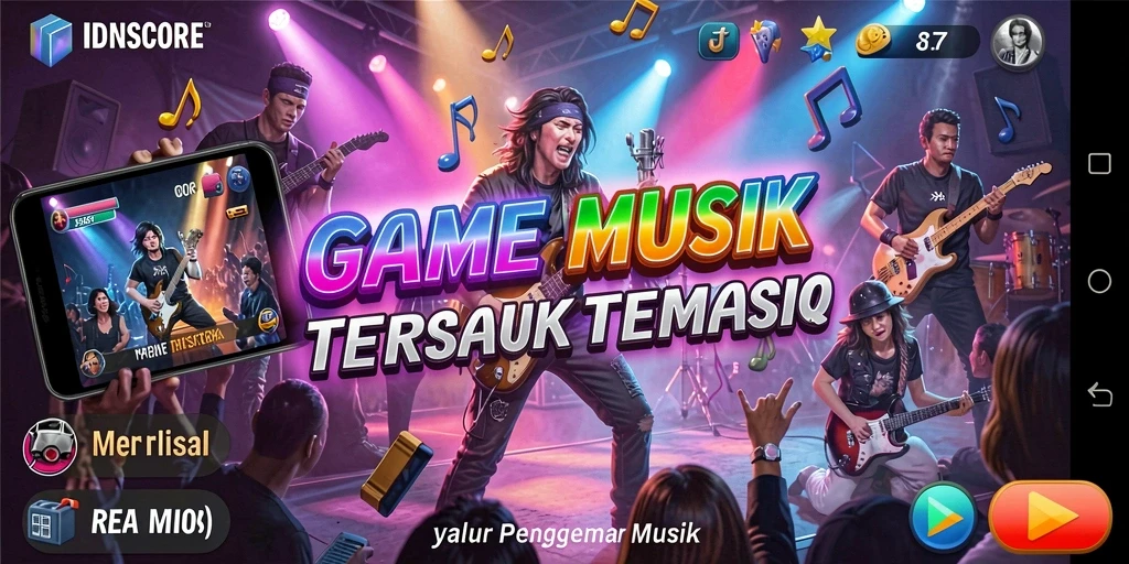 Tampilan gameplay yang menarik dalam IDNSCORE dengan elemen musik interaktif.