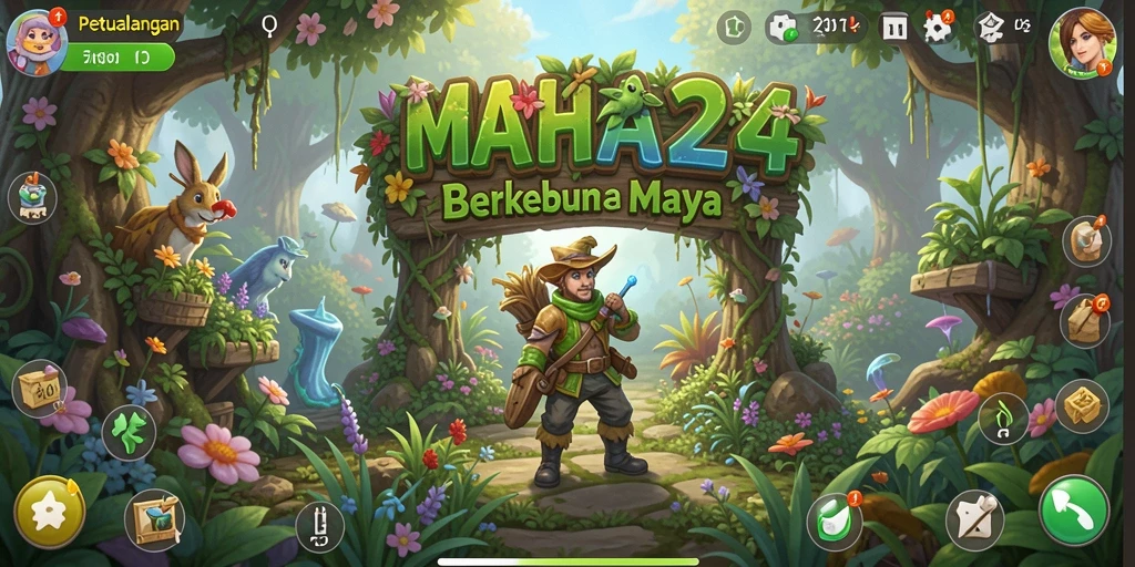 Tangkapan layar gameplay <strong>MAHA24</strong> menampilkan kebun yang subur dan hewan ternak yang lucu.
