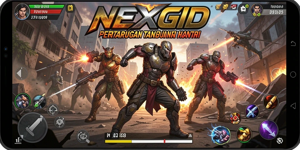 Screenshot gameplay NEXGID menampilkan aksi pertempuran yang seru.
