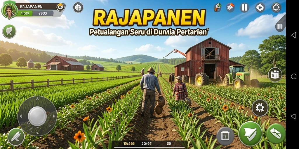 Tangkapan layar gameplay RAJAPANEN dengan pertanian yang memukau.