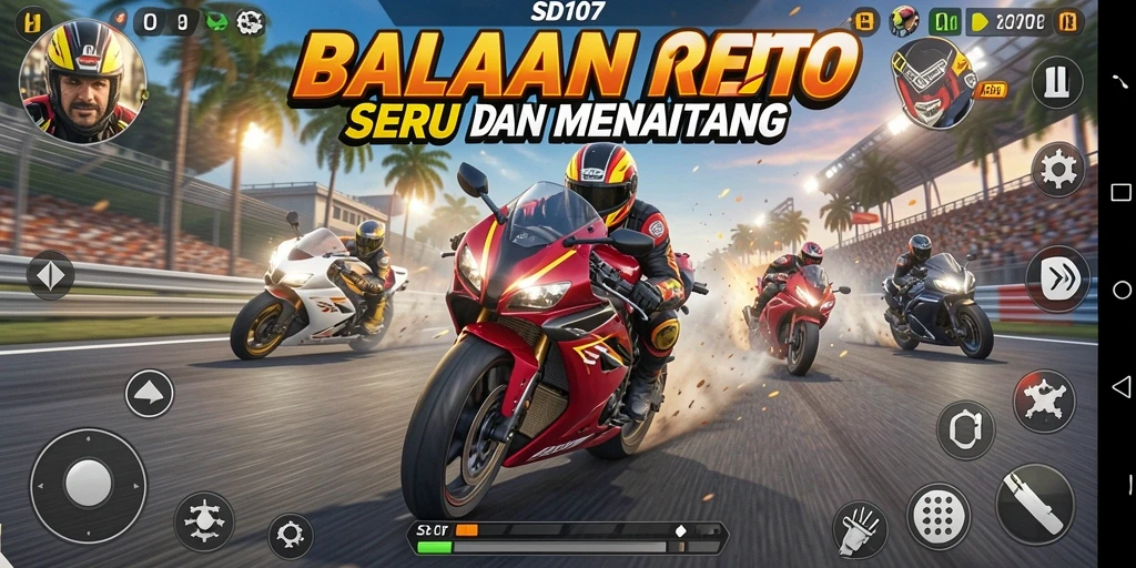 Screenshot gameplay SD107 menampilkan momen balapan motor yang intens.